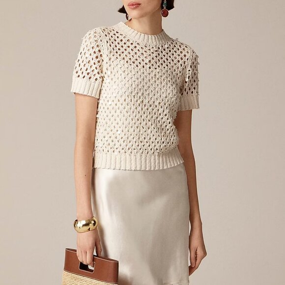 NWT J Crew Pointelle Embellished Short-Sleeve Sweater - Picture 1 of 3